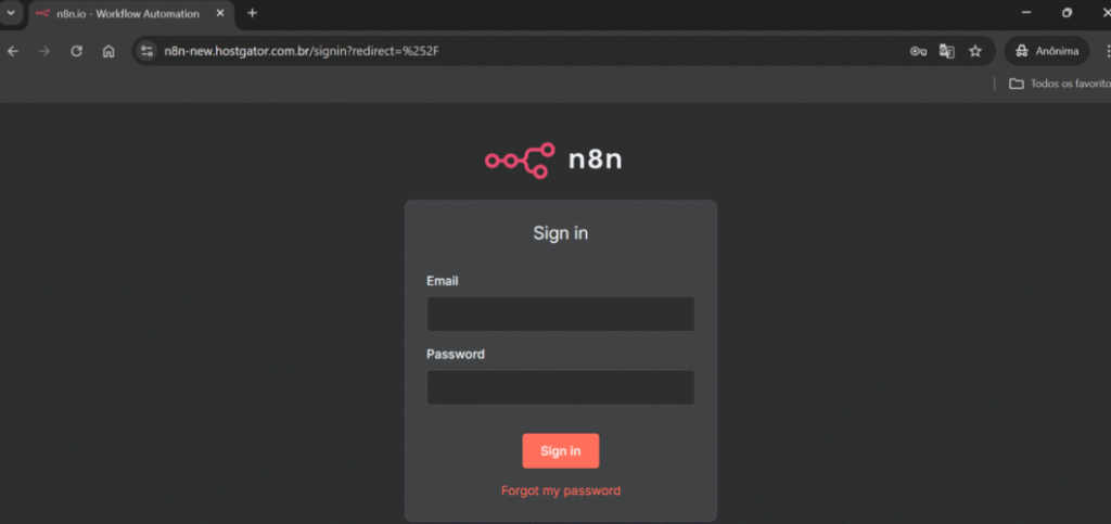 tela de login da plataforma n8n
