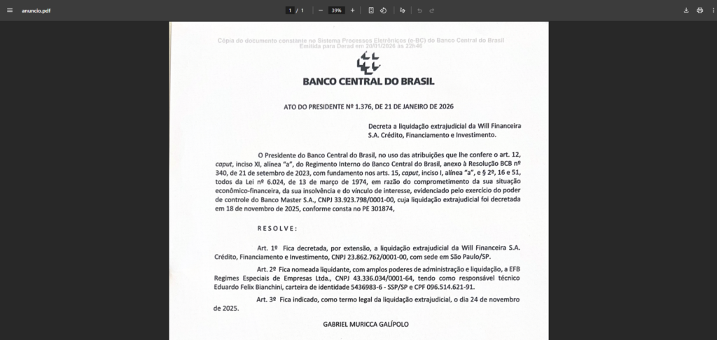 Site do Will Bank com aviso de liquidação