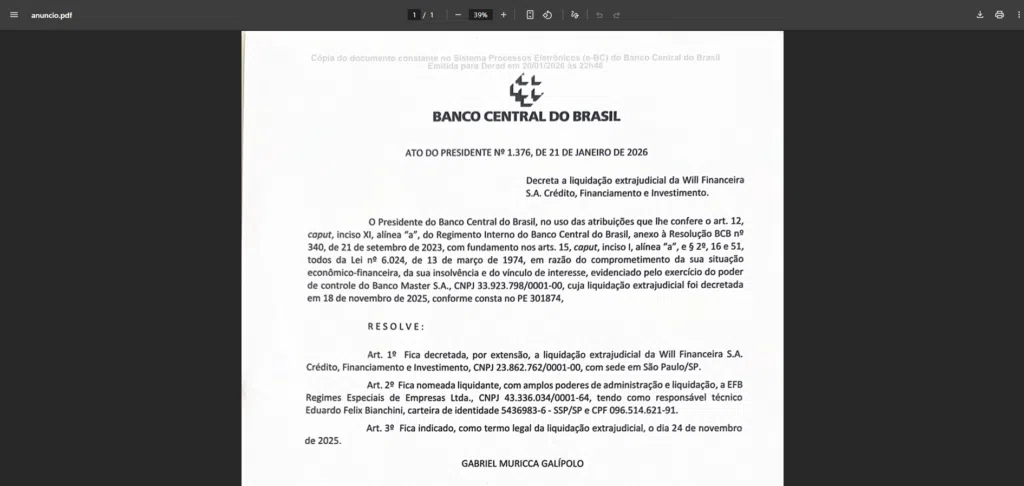 Site do Will Bank com aviso de liquidação