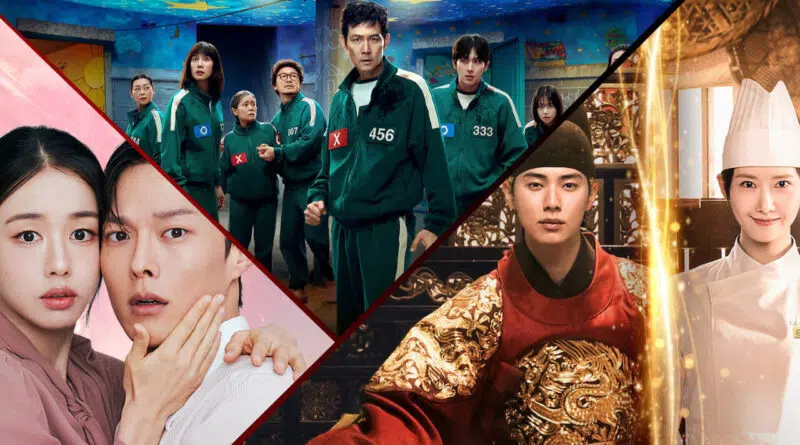 Imagem promocional com Squid Game, Dynamite Kiss e Bon Appétit, Your Majesty, os K-dramas de maior sucesso em 2025