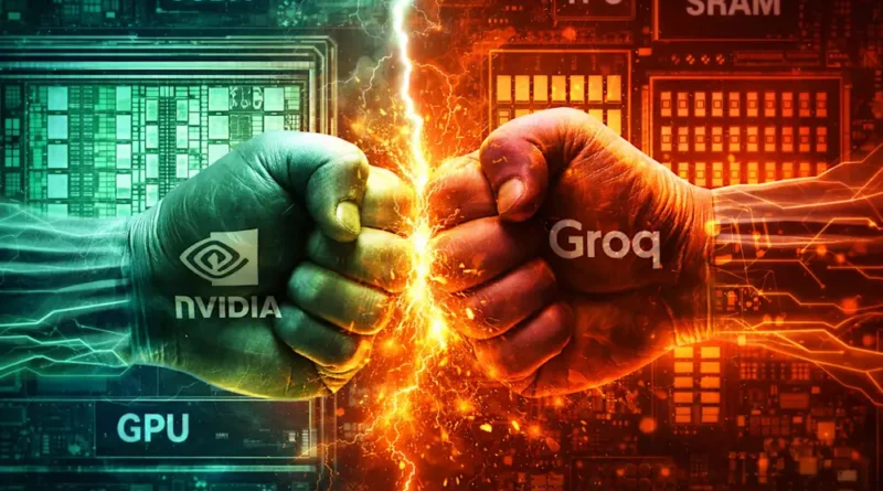 Ilustração que representa a disrupção da Groq no mercado de GPU, simbolizando a quebra da arquitetura tradicional em dois blocos principais.