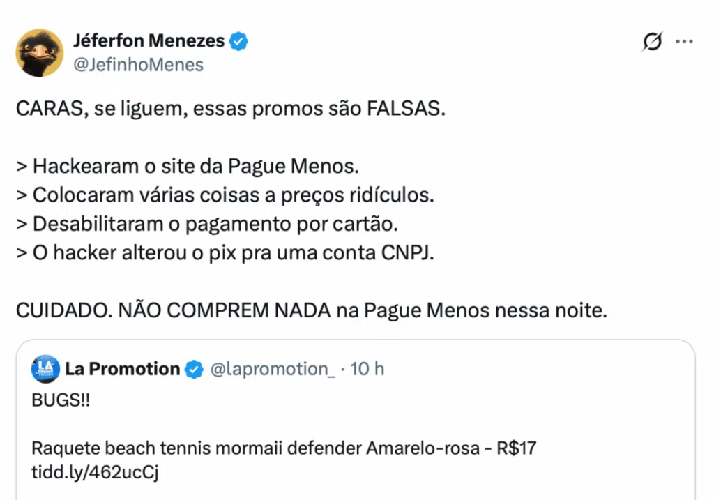 Hacker invade Pague Menos e desvia Pix de clientes 3 Hacker invade Pague Menos - Captura de tela de erro no site da Pague Menos durante incidente de segurança.