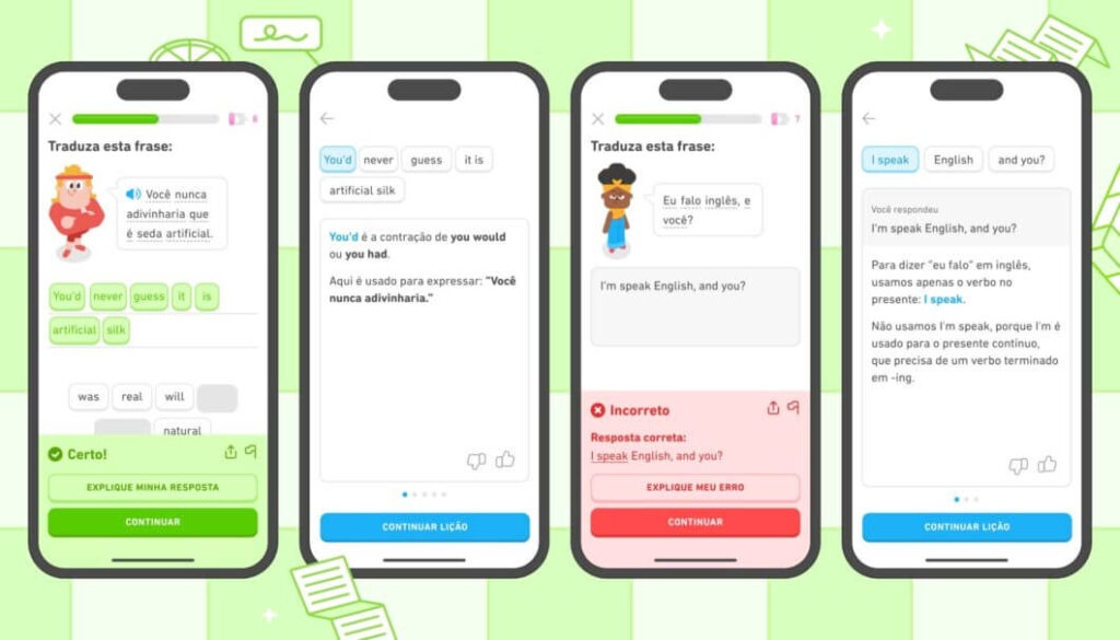 Tela do aplicativo Duolingo mostrando a função Explique minha Resposta