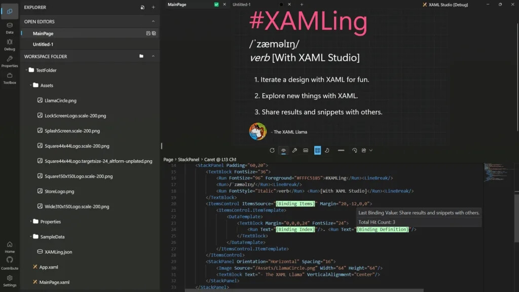 Visual prévio da interface XAML Studio 2.0 baseada em Fluent UI