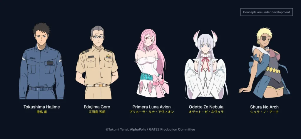 Elenco principal de GATE 2 Temporada, com novos personagens como Tokushima Hajime e Primera Luna Avion.