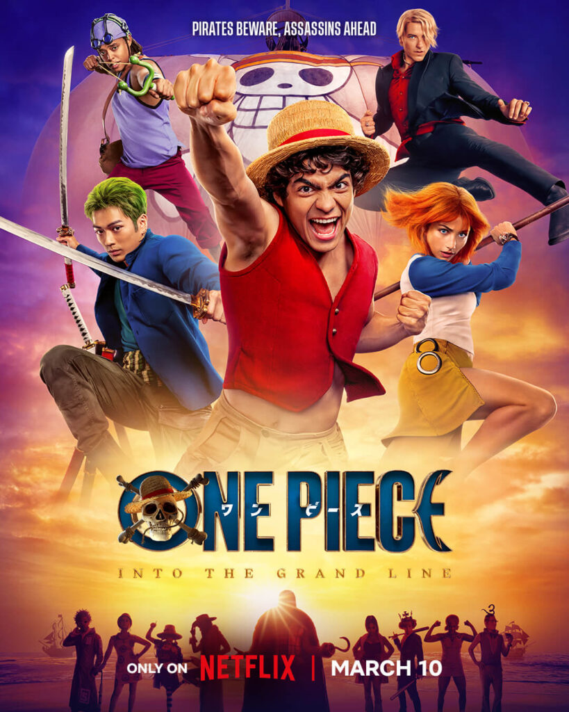 Imagem promocional da temporada 2 de One Piece com Luffy e novos integrantes dos Chapéus de Palha