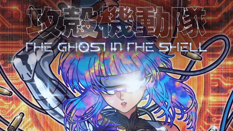 Imagem promocional do anime Ghost in the Shell 2026, com Major Motoko Kusanagi iluminada por tons cibernéticos de neon.
