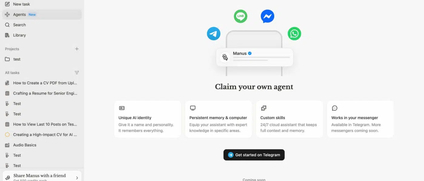 Interface do Manus AI mostrando agente 24/7 no Telegram com memória persistente e integração com mensageiros