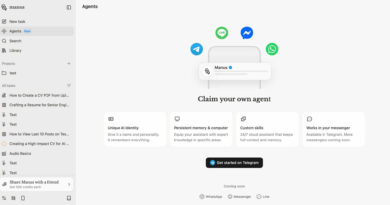 Interface do Manus AI mostrando agente 24/7 no Telegram com memória persistente e integração com mensageiros
