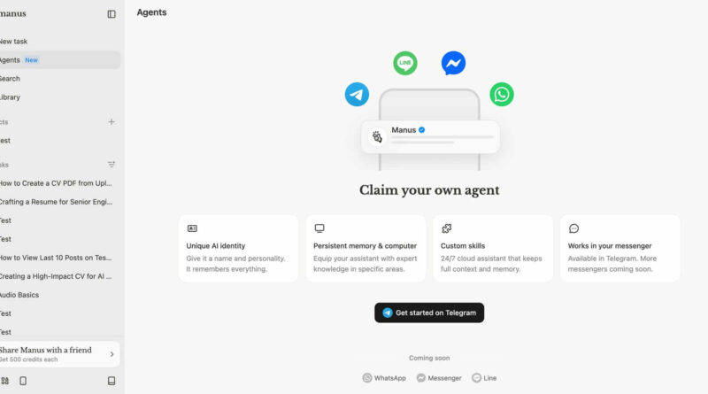 Manus AI lança agente 24/7 no Telegram e é suspensa 3 Interface do Manus AI mostrando agente 24/7 no Telegram com memória persistente e integração com mensageiros