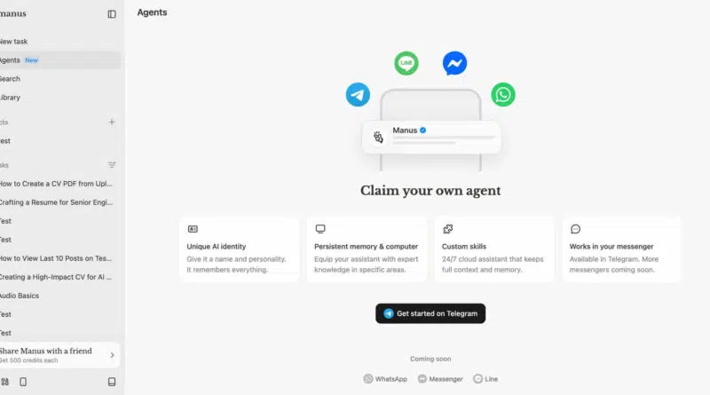 Interface do Manus AI mostrando agente 24/7 no Telegram com memória persistente e integração com mensageiros