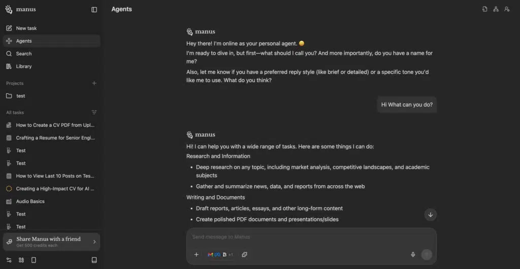 Chat do agente Manus AI no Telegram antes da suspensão