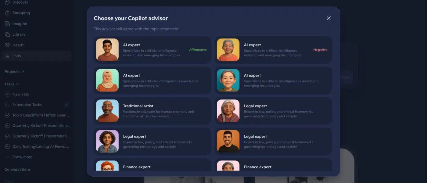 Interface do Microsoft Copilot Advisors com dois agentes de IA debatendo em tempo real.