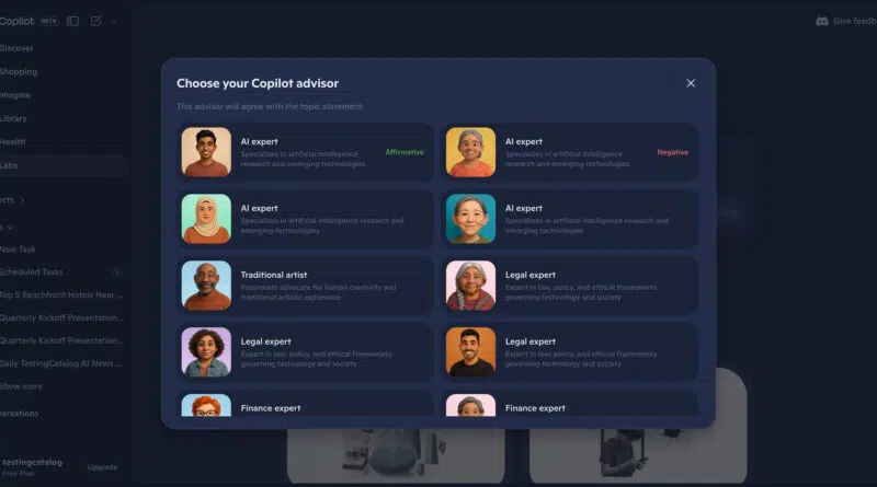Interface do Microsoft Copilot Advisors com dois agentes de IA debatendo em tempo real.