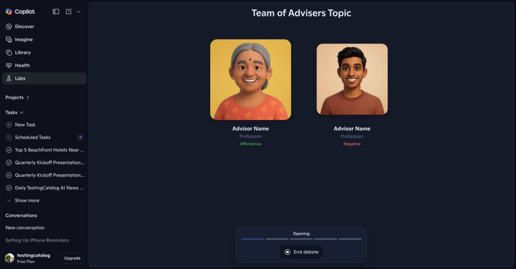 Painel do Copilot Advisors com agentes de IA discutindo em áudio sobre tema proposto.