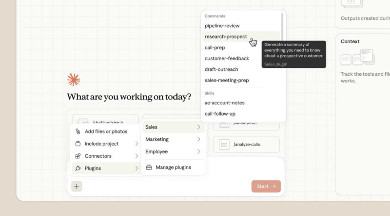 Interface do Claude Cowork com novos plugins disponíveis, conectores e comandos personalizados.