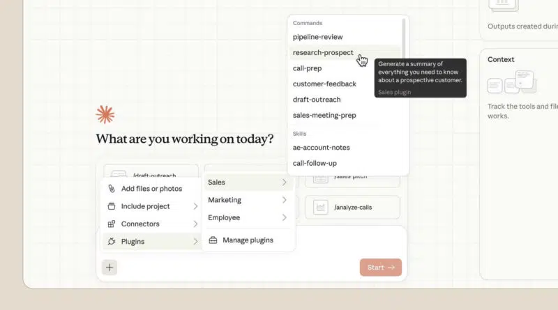 Interface do Claude Cowork com novos plugins disponíveis, conectores e comandos personalizados.