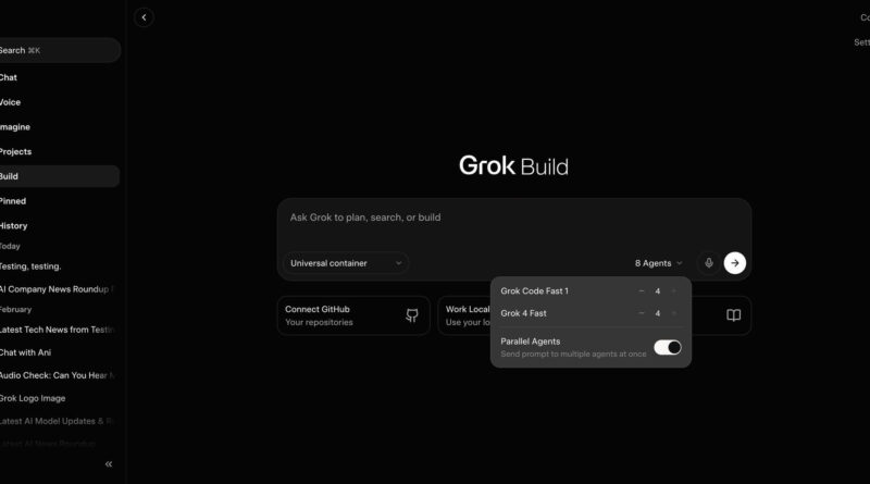 Interface do Grok Build mostrando múltiplos agentes em paralelo