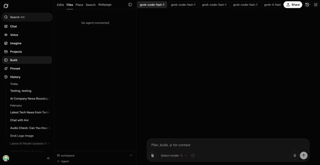Nova interface do Grok Build com abas e visualização de código