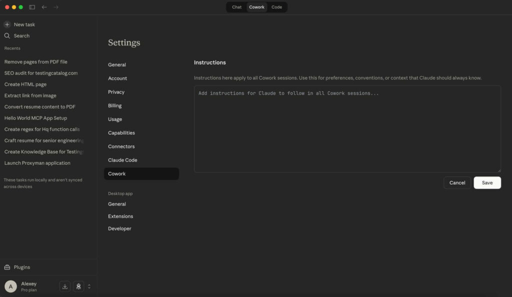 Interface de configuração de Cowork mostrando instruções customizadas