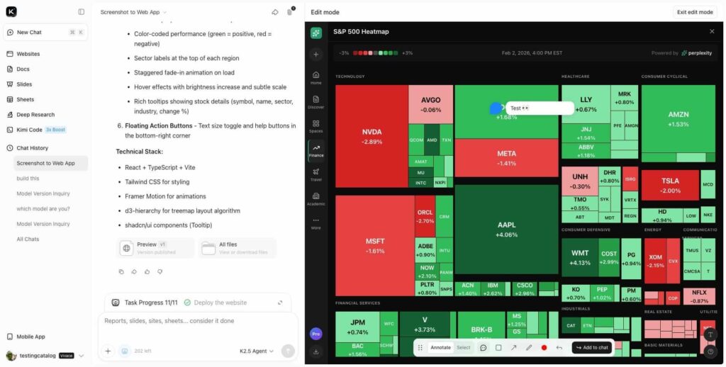 Nova interface de anotações da Kimi AI com seleção de componentes de UI e destaques de erro