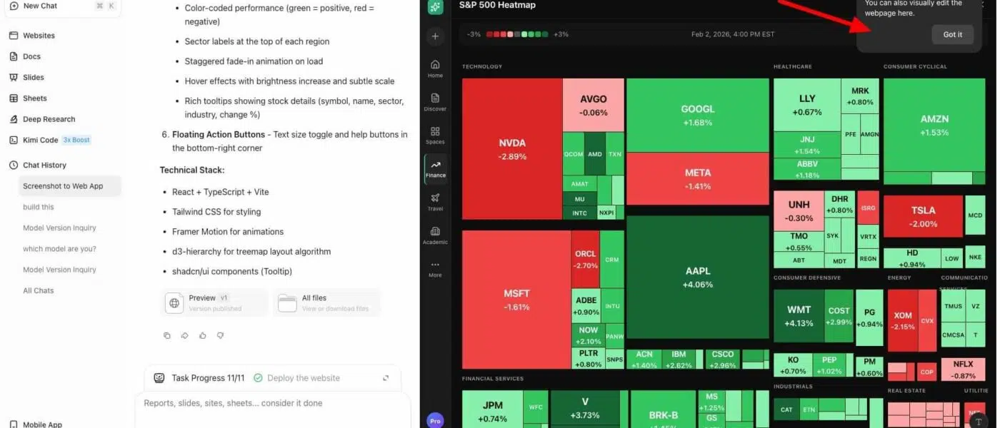 Interface do novo recurso de geração de sites por imagem da Kimi AI mostrando editor visual e opções de anotação