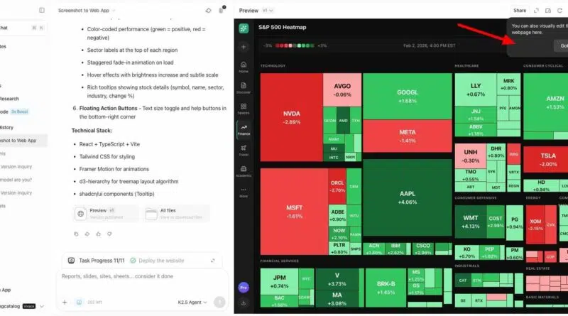 Interface do novo recurso de geração de sites por imagem da Kimi AI mostrando editor visual e opções de anotação