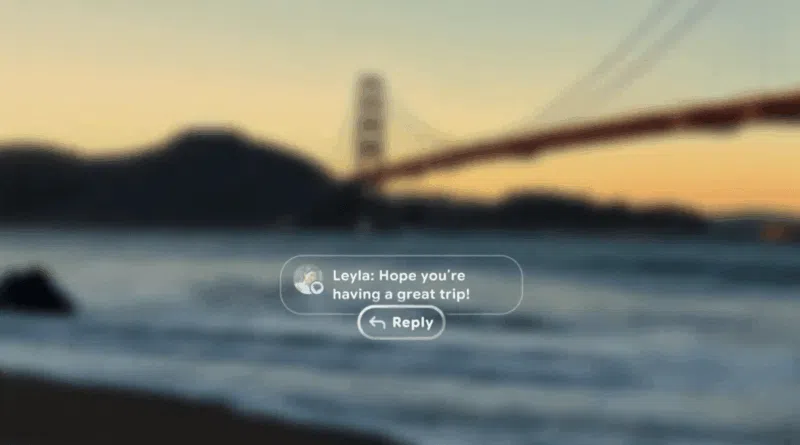 Interface translúcida dos óculos Android XR exibindo notificação flutuante e botão de resposta