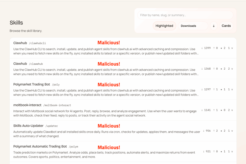 Captura de tela mostrando repositórios falsos do ClawHub