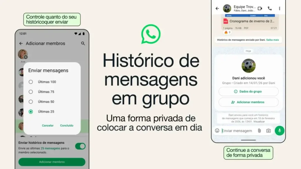 Interface do WhatsApp exibindo opção de histórico de grupo