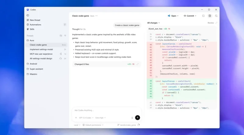 Captura de tela do OpenAI Codex para Windows com interface de sandbox e integração PowerShell