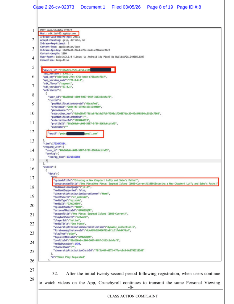 Documento de evidência apresentado em processo contra Crunchyroll