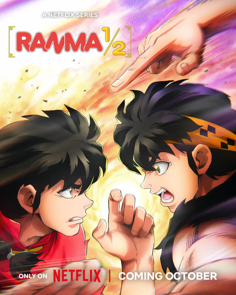 Arte original de Rumiko Takahashi mostrando Ranma e Akane em estilo mangá clássico, representando o legado da franquia.