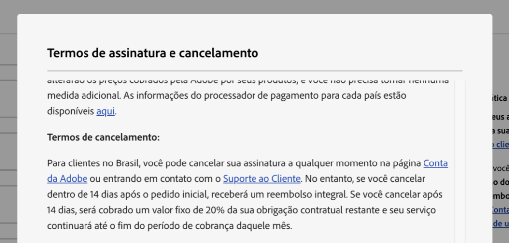 Página da Adobe com aviso de plano anual e cobrança mensal
