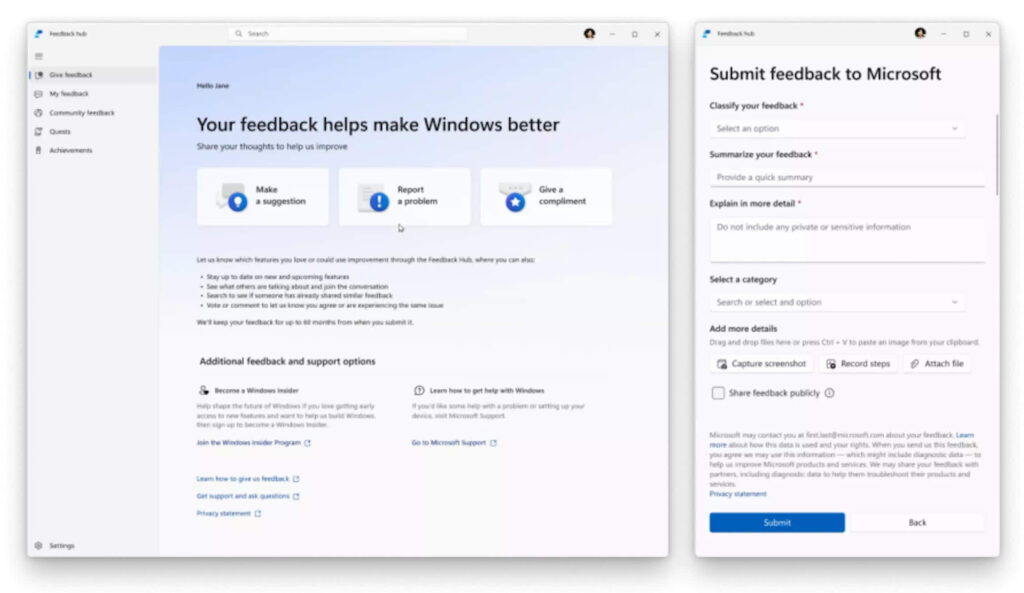 Novo app Feedback Hub repaginado