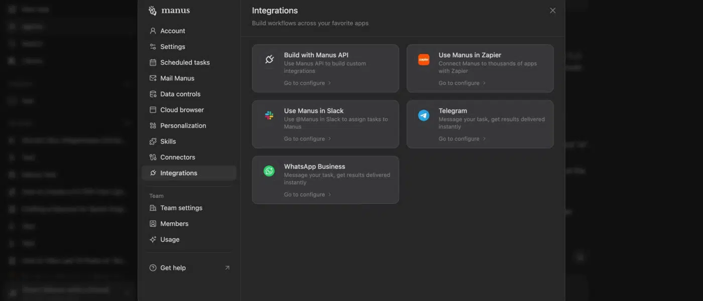 Interface do Manus AI Agent mostrando integração com aplicativo de mensagens