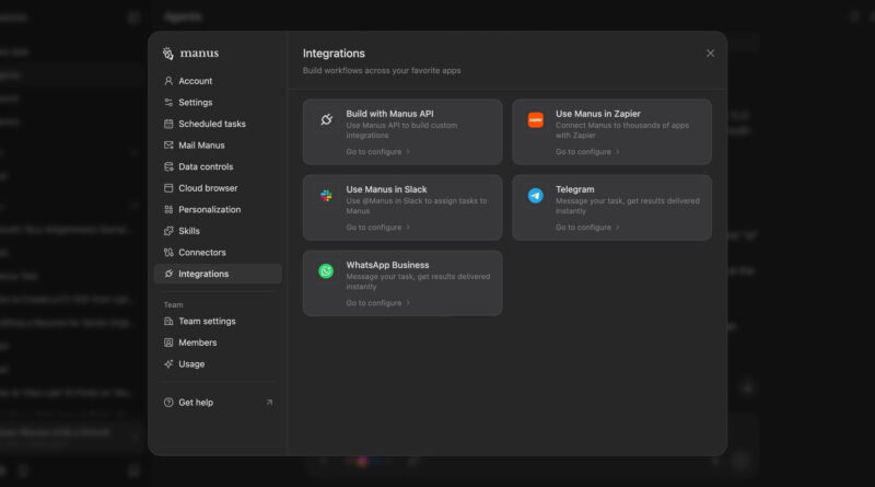 Manus AI prepara integração com WhatsApp Business para seu agente 2 Interface do Manus AI Agent mostrando integração com aplicativo de mensagens