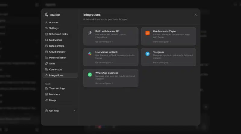 Interface do Manus AI Agent mostrando integração com aplicativo de mensagens