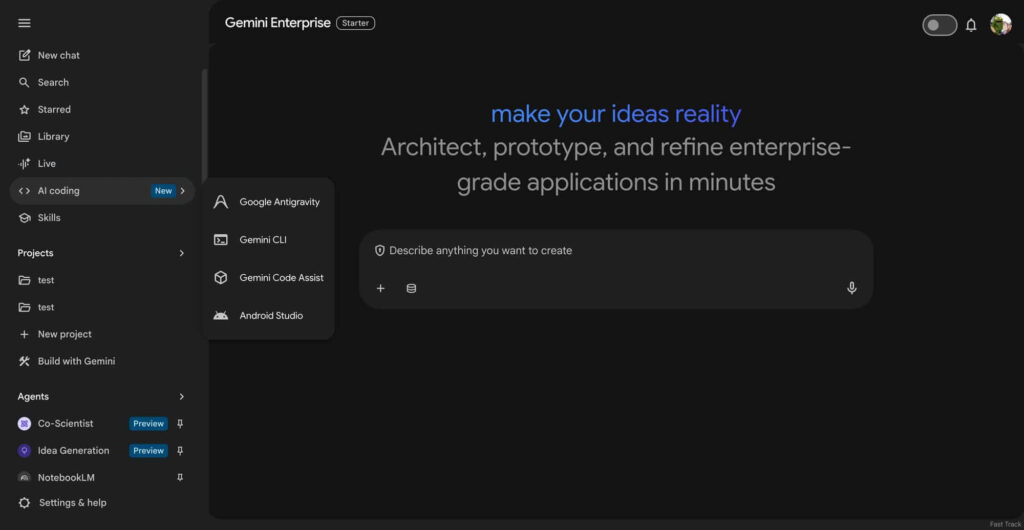 Interface do criador de Skills no Gemini for Business