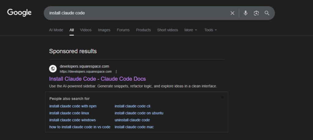 Resultados de busca com anúncios falsos do Claude Code