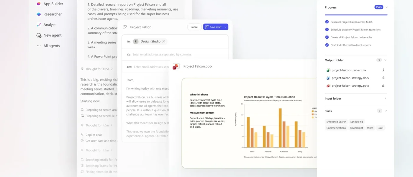 Imagem de destaque do Copilot Cowork integrando aplicativos do Microsoft 365