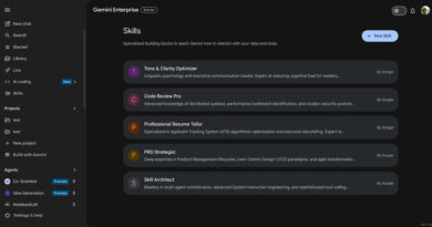 Interface do Gemini for Business mostrando integração com NotebookLM e Skills