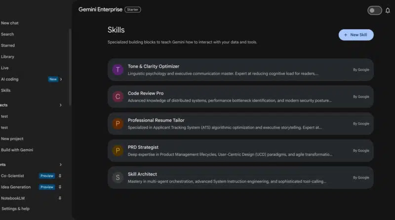Interface do Gemini for Business mostrando integração com NotebookLM e Skills