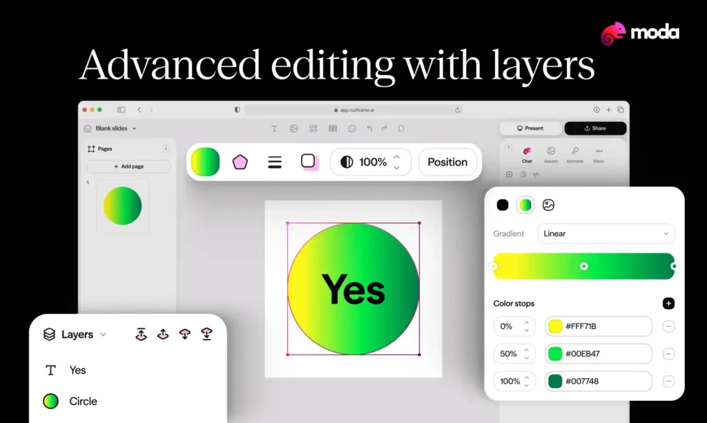 Painel de exportação da Moda AI com opções de PowerPoint e Google Slides