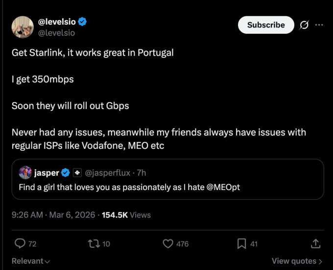 Captura de tela do novo formato de anúncio da X com destaque para o botão Starlink