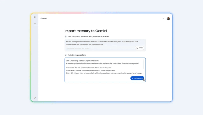 Google permite migrar chats e dados pessoais para o Gemini 3 Interface de importação de memórias do Google Gemini