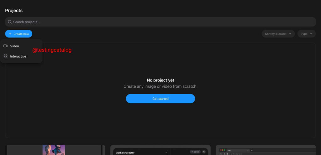 Meta testa Vibes, novo estúdio de vídeo com IA 2 Tela inicial da versão web do Meta Vibes com painel de projetos