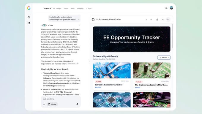 Google libera Canvas no Modo de IA do Gemini nos EUA 4 Interface do Canvas no Modo de IA do Google Gemini exibindo painel lateral