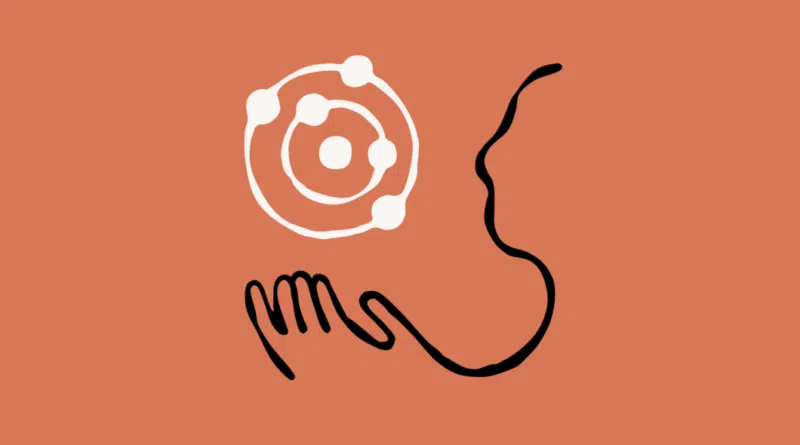 Ilustração de IA humana com diagrama flutuante representando interação entre humano e tecnologia.